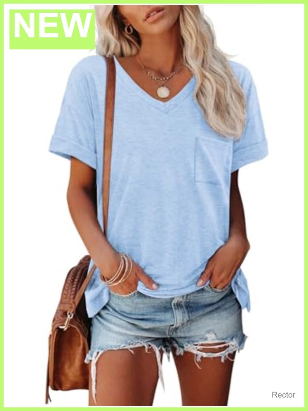 Womens Short Sleeve V Neck T Shirt Basic Summer Tee Roll Sleeve Pocket